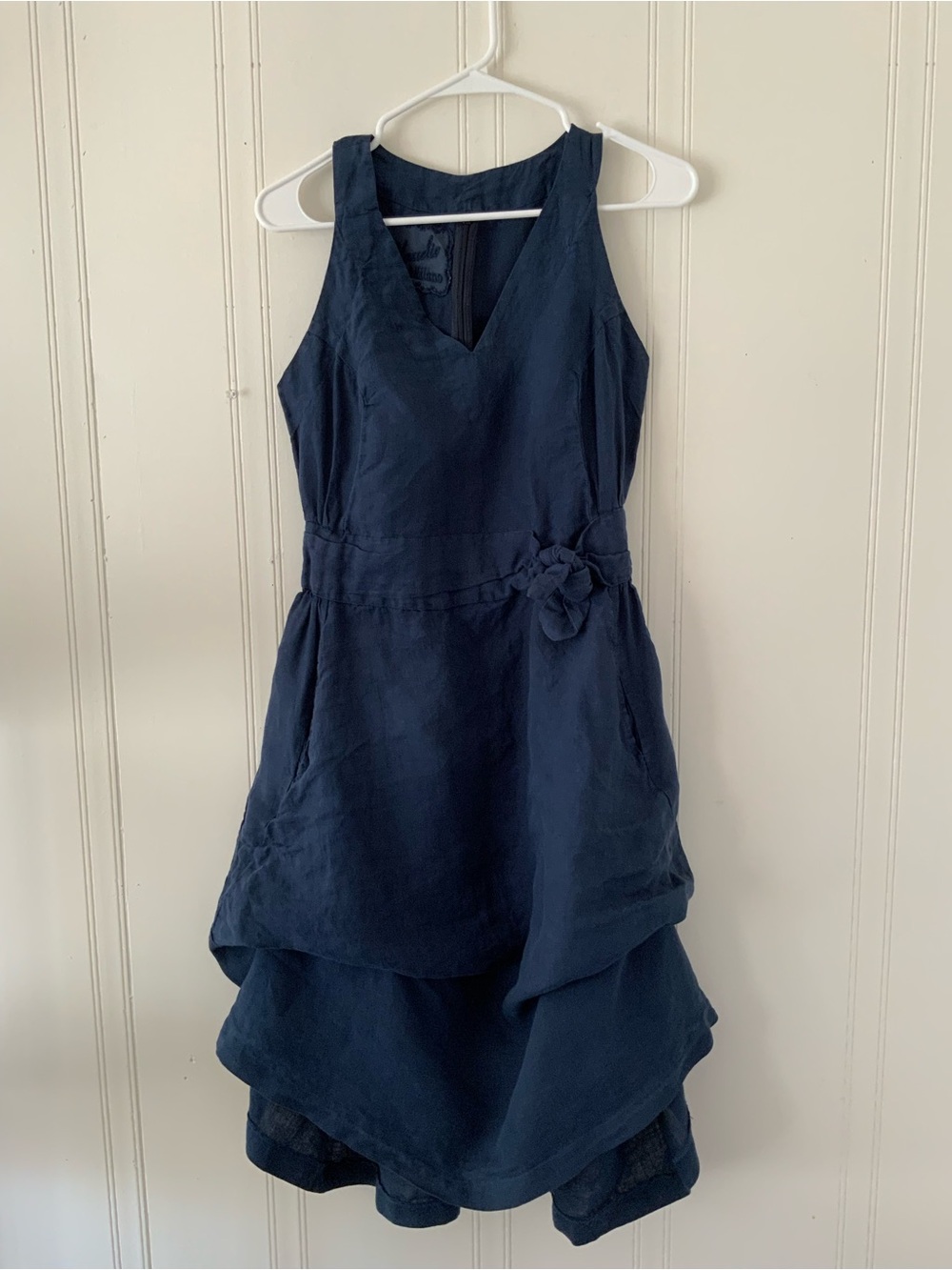 Sleeveless Navy High-Low Dress with Waist Rosette